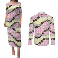 Pink Palaka Hawaii Couples Matching Puletasi and Long Sleeve Button Shirt Kukui Nut Pikake Lei Hawaiian Tapa Pattern - Polynesian Pride