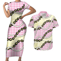 Pink Palaka Hawaii Couples Matching Short Sleeve Bodycon Dress and Hawaiian Shirt Kukui Nut Pikake Lei Hawaiian Tapa Pattern LT14 Pink - Polynesian Pride