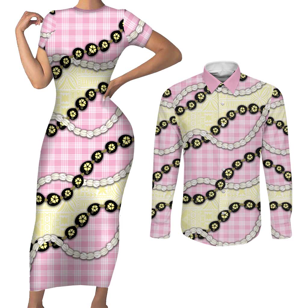 Pink Palaka Hawaii Couples Matching Short Sleeve Bodycon Dress and Long Sleeve Button Shirt Kukui Nut Pikake Lei Hawaiian Tapa Pattern LT14 Pink - Polynesian Pride