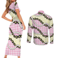 Pink Palaka Hawaii Couples Matching Short Sleeve Bodycon Dress and Long Sleeve Button Shirt Kukui Nut Pikake Lei Hawaiian Tapa Pattern LT14 - Polynesian Pride