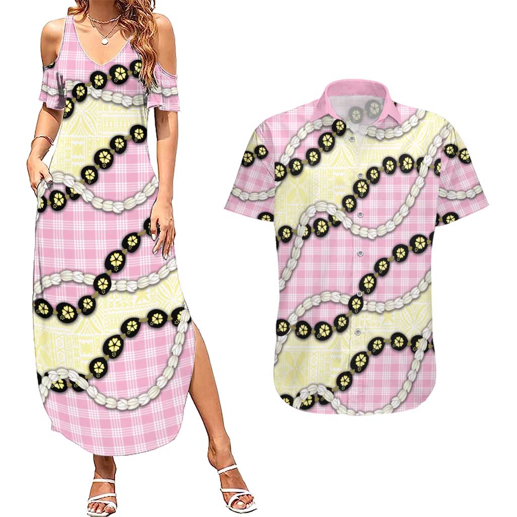 Pink Palaka Hawaii Couples Matching Summer Maxi Dress and Hawaiian Shirt Kukui Nut Pikake Lei Hawaiian Tapa Pattern LT14 Pink - Polynesian Pride