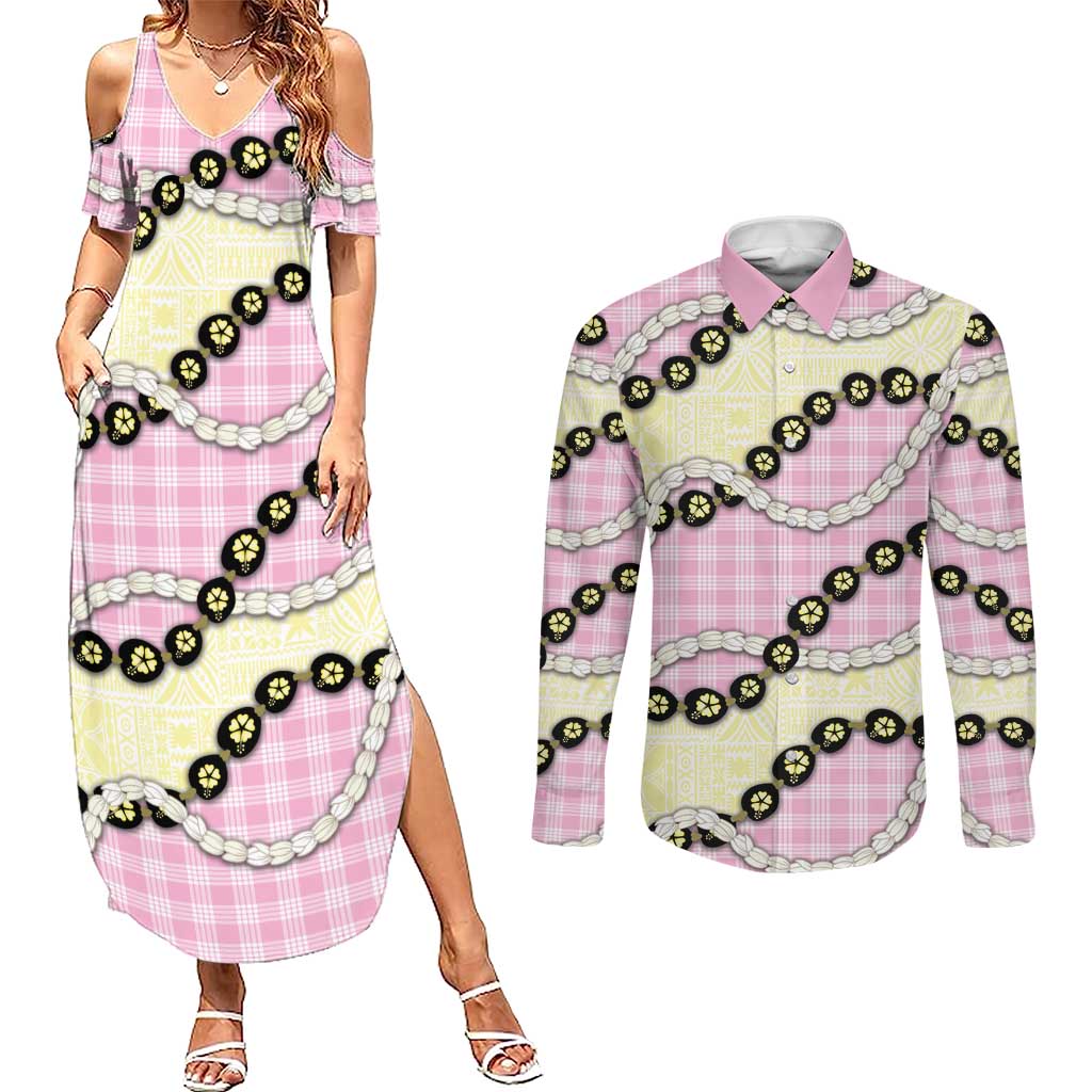 Pink Palaka Hawaii Couples Matching Summer Maxi Dress and Long Sleeve Button Shirt Kukui Nut Pikake Lei Hawaiian Tapa Pattern LT14 Pink - Polynesian Pride