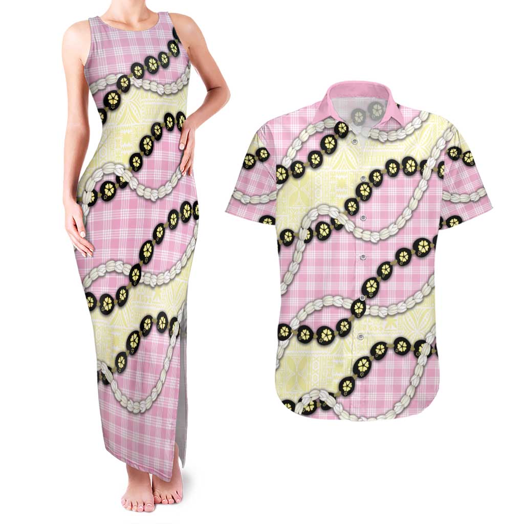 Pink Palaka Hawaii Couples Matching Tank Maxi Dress and Hawaiian Shirt Kukui Nut Pikake Lei Hawaiian Tapa Pattern LT14 Pink - Polynesian Pride
