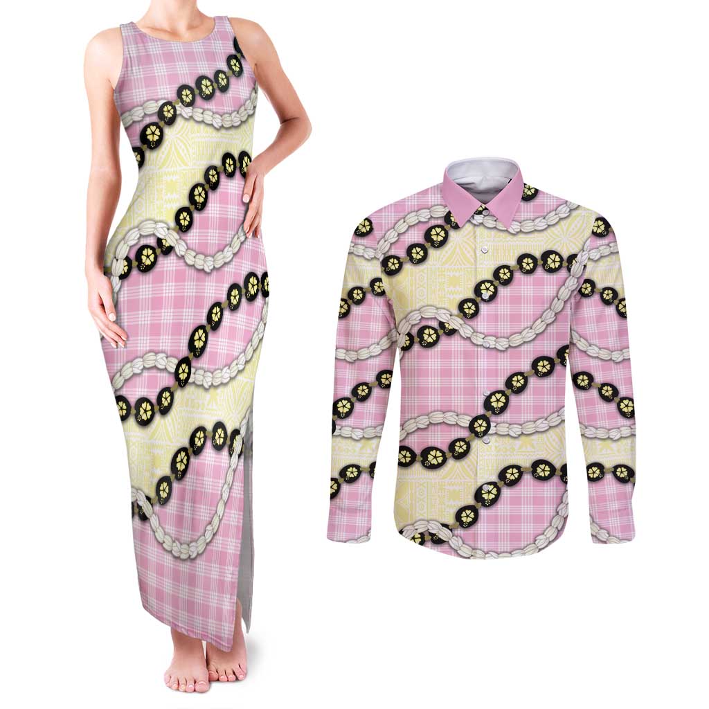 Pink Palaka Hawaii Couples Matching Tank Maxi Dress and Long Sleeve Button Shirt Kukui Nut Pikake Lei Hawaiian Tapa Pattern LT14 Pink - Polynesian Pride