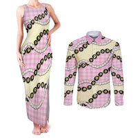 Pink Palaka Hawaii Couples Matching Tank Maxi Dress and Long Sleeve Button Shirt Kukui Nut Pikake Lei Hawaiian Tapa Pattern - Polynesian Pride