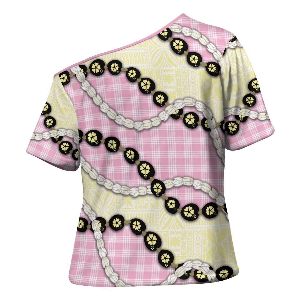 Pink Palaka Hawaii Cross Shoulder Shirt Kukui Nut Pikake Lei Hawaiian Tapa Pattern - Polynesian Pride