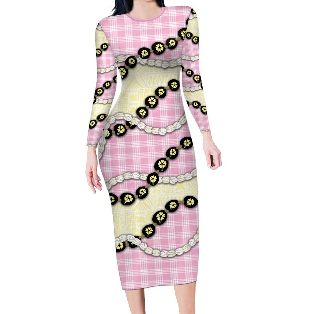 Pink Palaka Hawaii Family Matching Long Sleeve Bodycon Dress and Hawaiian Shirt Kukui Nut Pikake Lei Hawaiian Tapa Pattern LT14 Mom's Dress Pink - Polynesian Pride
