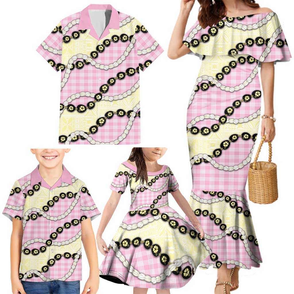 Pink Palaka Hawaii Family Matching Mermaid Dress and Hawaiian Shirt Kukui Nut Pikake Lei Hawaiian Tapa Pattern LT14 - Polynesian Pride