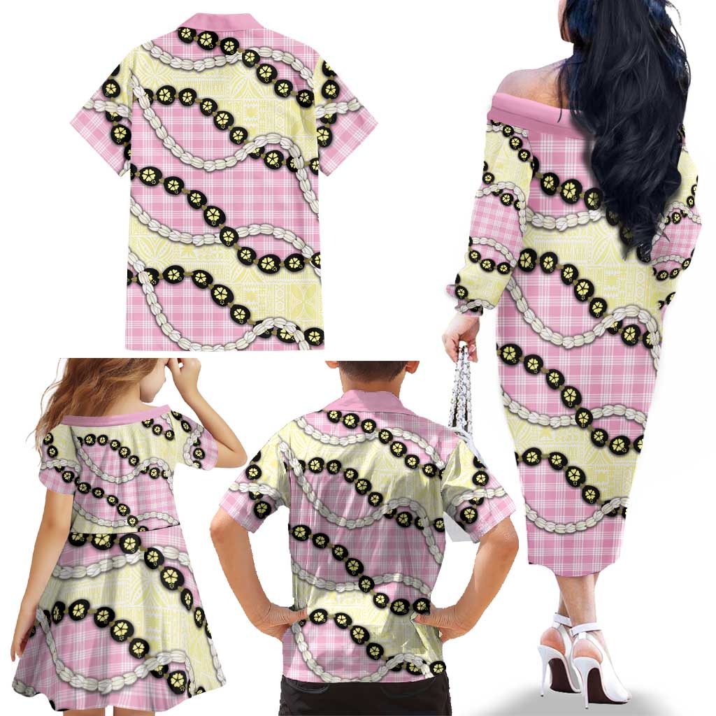 Pink Palaka Hawaii Family Matching Off The Shoulder Long Sleeve Dress and Hawaiian Shirt Kukui Nut Pikake Lei Hawaiian Tapa Pattern LT14 - Polynesian Pride