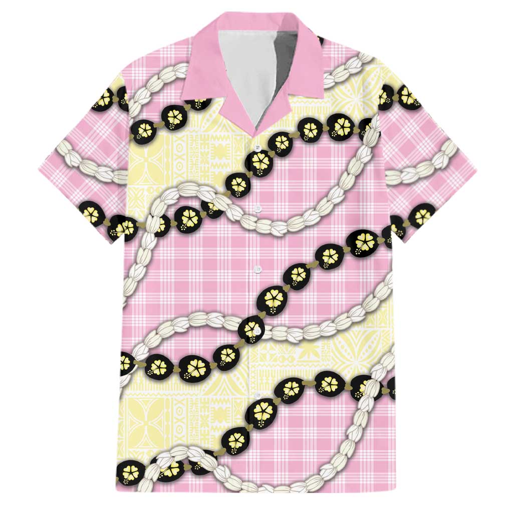 Pink Palaka Hawaii Family Matching Off The Shoulder Long Sleeve Dress and Hawaiian Shirt Kukui Nut Pikake Lei Hawaiian Tapa Pattern LT14 Dad's Shirt - Short Sleeve Pink - Polynesian Pride