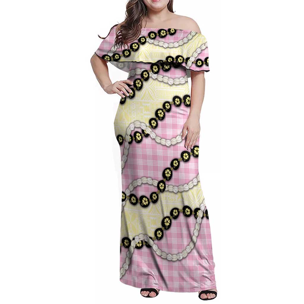 Pink Palaka Hawaii Family Matching Off Shoulder Maxi Dress and Hawaiian Shirt Kukui Nut Pikake Lei Hawaiian Tapa Pattern LT14 Mom's Dress Pink - Polynesian Pride