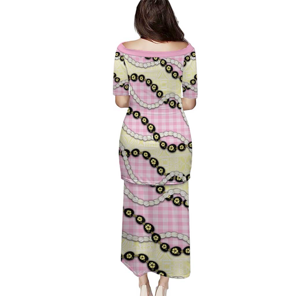 Pink Palaka Hawaii Family Matching Puletasi and Hawaiian Shirt Kukui Nut Pikake Lei Hawaiian Tapa Pattern LT14 - Polynesian Pride