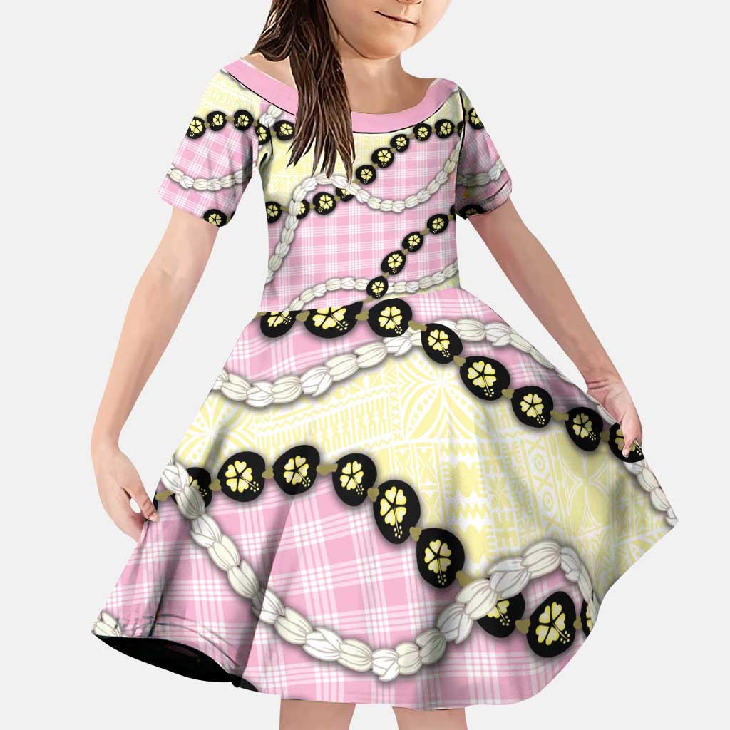 Pink Palaka Hawaii Family Matching Summer Maxi Dress and Hawaiian Shirt Kukui Nut Pikake Lei Hawaiian Tapa Pattern LT14 Daughter's Dress Pink - Polynesian Pride