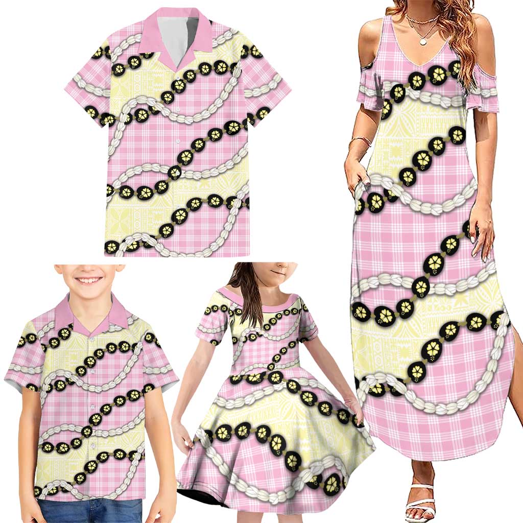 Pink Palaka Hawaii Family Matching Summer Maxi Dress and Hawaiian Shirt Kukui Nut Pikake Lei Hawaiian Tapa Pattern - Polynesian Pride