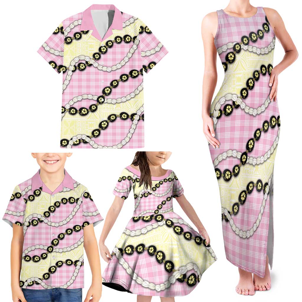 Pink Palaka Hawaii Family Matching Tank Maxi Dress and Hawaiian Shirt Kukui Nut Pikake Lei Hawaiian Tapa Pattern LT14 - Polynesian Pride