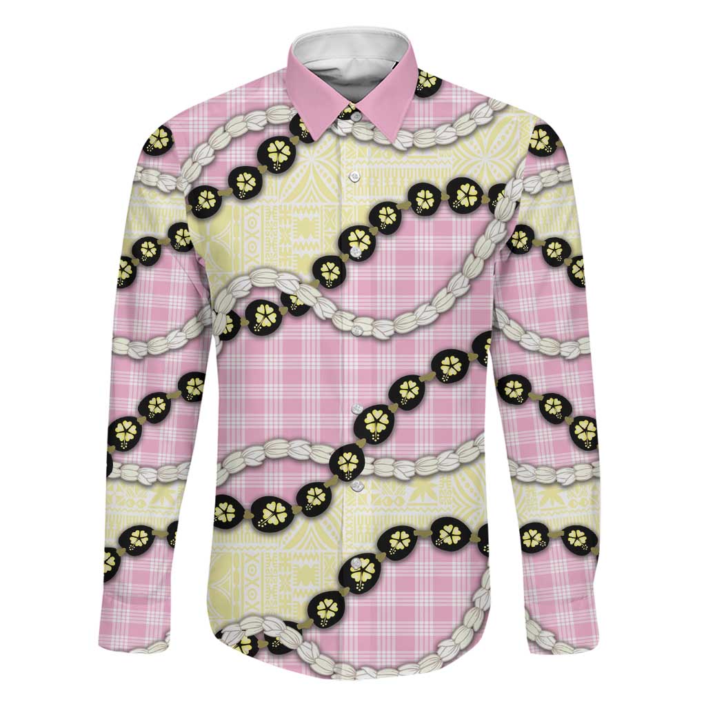 Pink Palaka Hawaii Family Matching Tank Maxi Dress and Hawaiian Shirt Kukui Nut Pikake Lei Hawaiian Tapa Pattern LT14 Dad's Shirt - Long Sleeve Pink - Polynesian Pride
