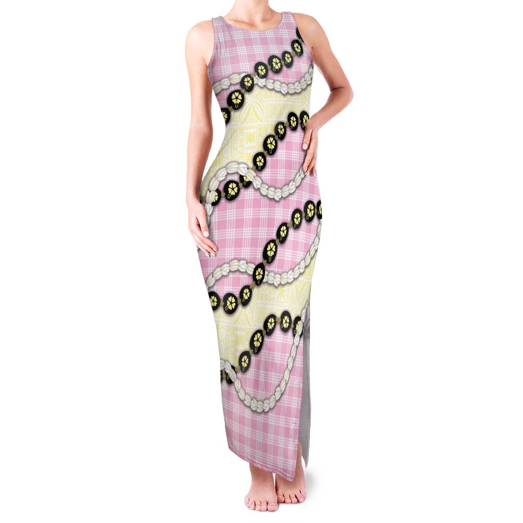 Pink Palaka Hawaii Family Matching Tank Maxi Dress and Hawaiian Shirt Kukui Nut Pikake Lei Hawaiian Tapa Pattern LT14 Mom's Dress Pink - Polynesian Pride