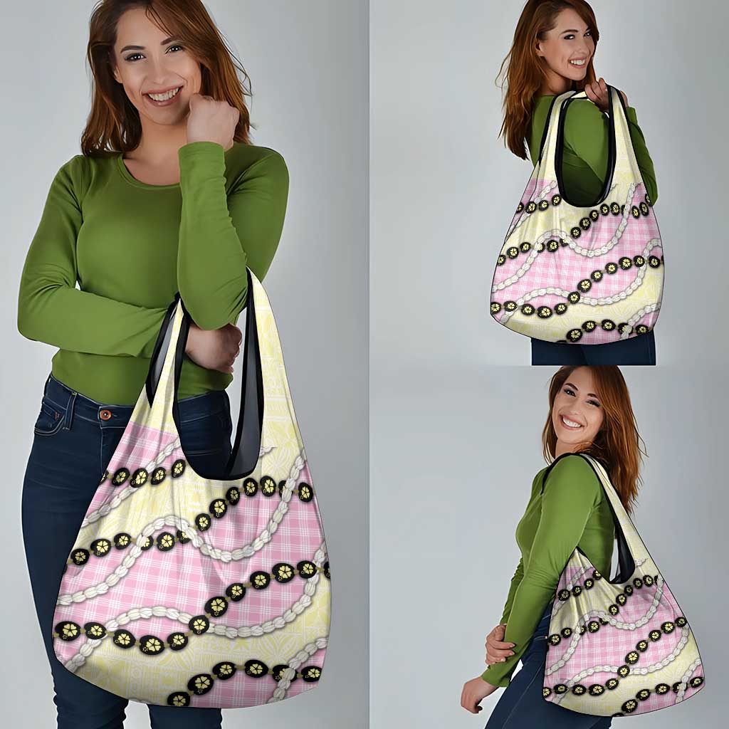 Pink Palaka Hawaii Grocery Bag Kukui Nut Pikake Lei Hawaiian Tapa Pattern - Polynesian Pride