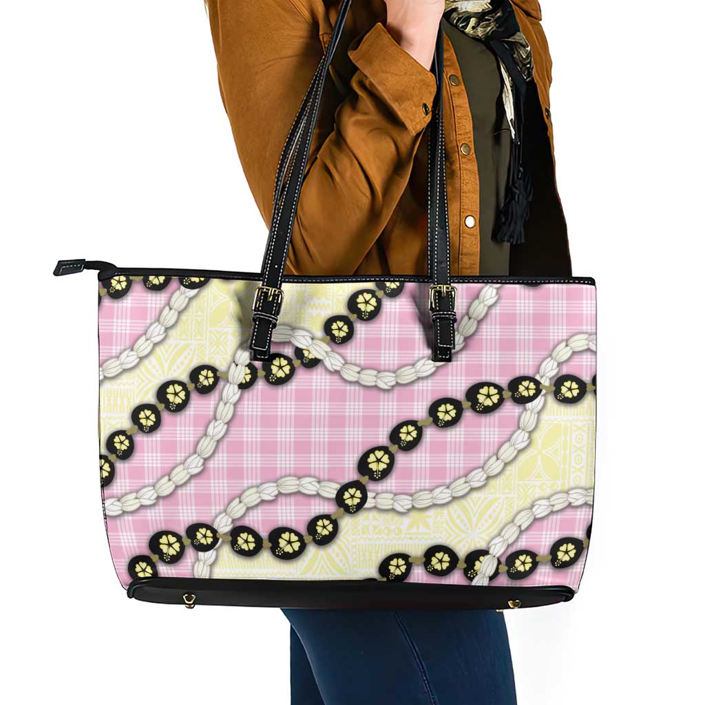 Pink Palaka Hawaii Leather Tote Bag Kukui Nut Pikake Lei Hawaiian Tapa Pattern - Polynesian Pride