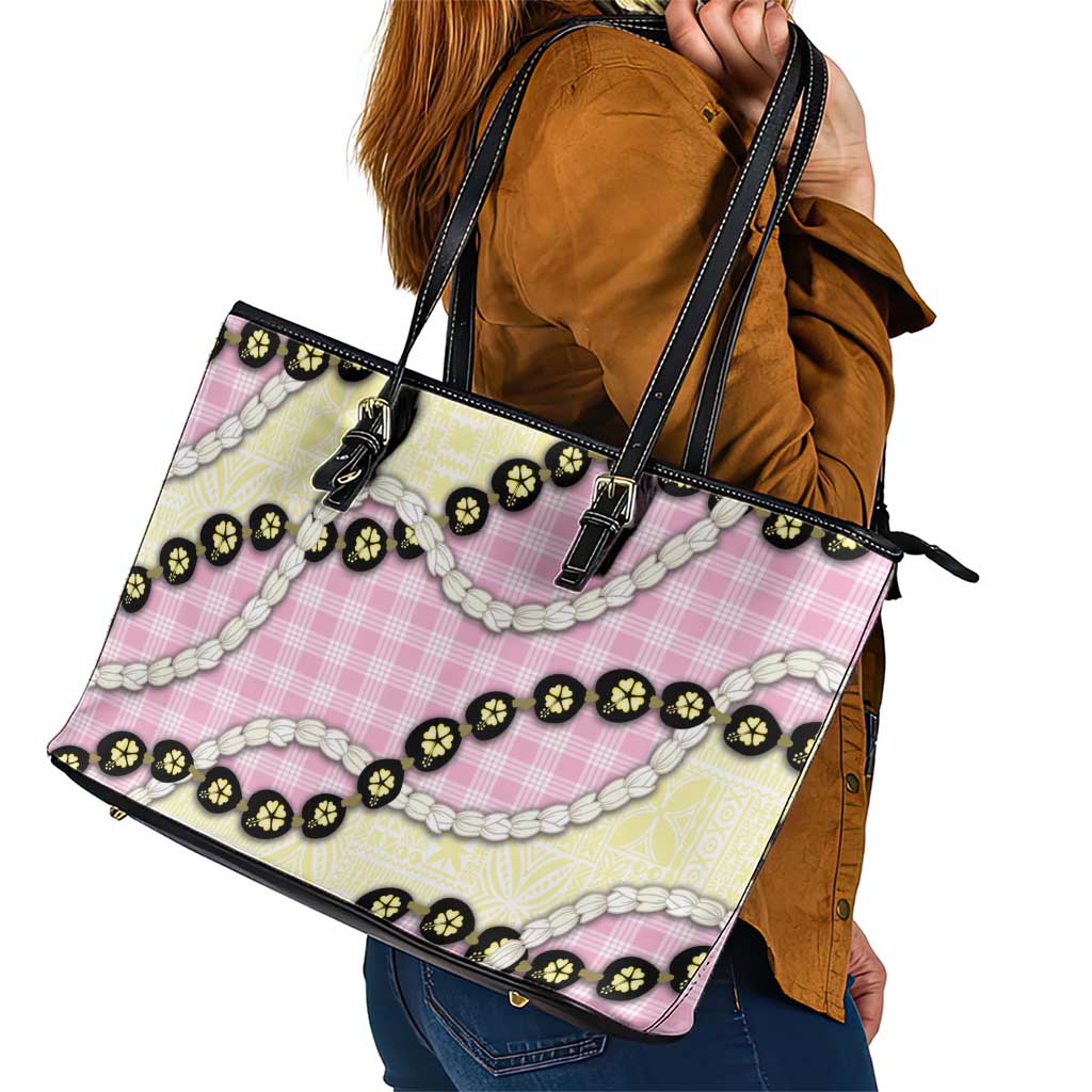 Pink Palaka Hawaii Leather Tote Bag Kukui Nut Pikake Lei Hawaiian Tapa Pattern - Polynesian Pride
