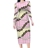 Pink Palaka Hawaii Long Sleeve Bodycon Dress Kukui Nut Pikake Lei Hawaiian Tapa Pattern - Polynesian Pride