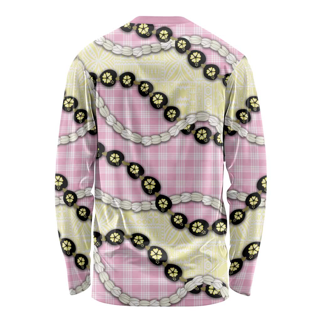 Pink Palaka Hawaii Long Sleeve Shirt Kukui Nut Pikake Lei Hawaiian Tapa Pattern - Polynesian Pride