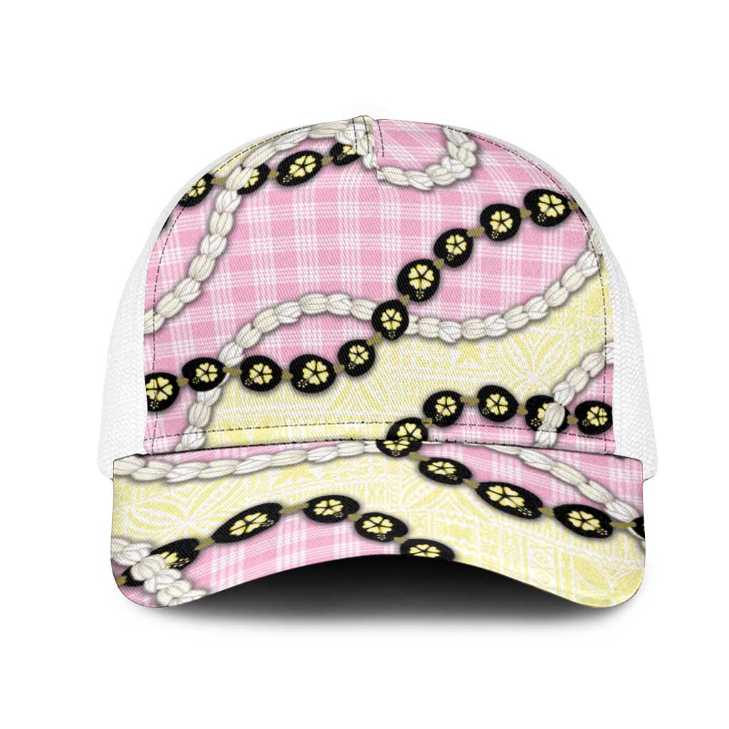 Pink Palaka Hawaii Mesh Trucker Cap Kukui Nut Pikake Lei Hawaiian Tapa Pattern - Polynesian Pride