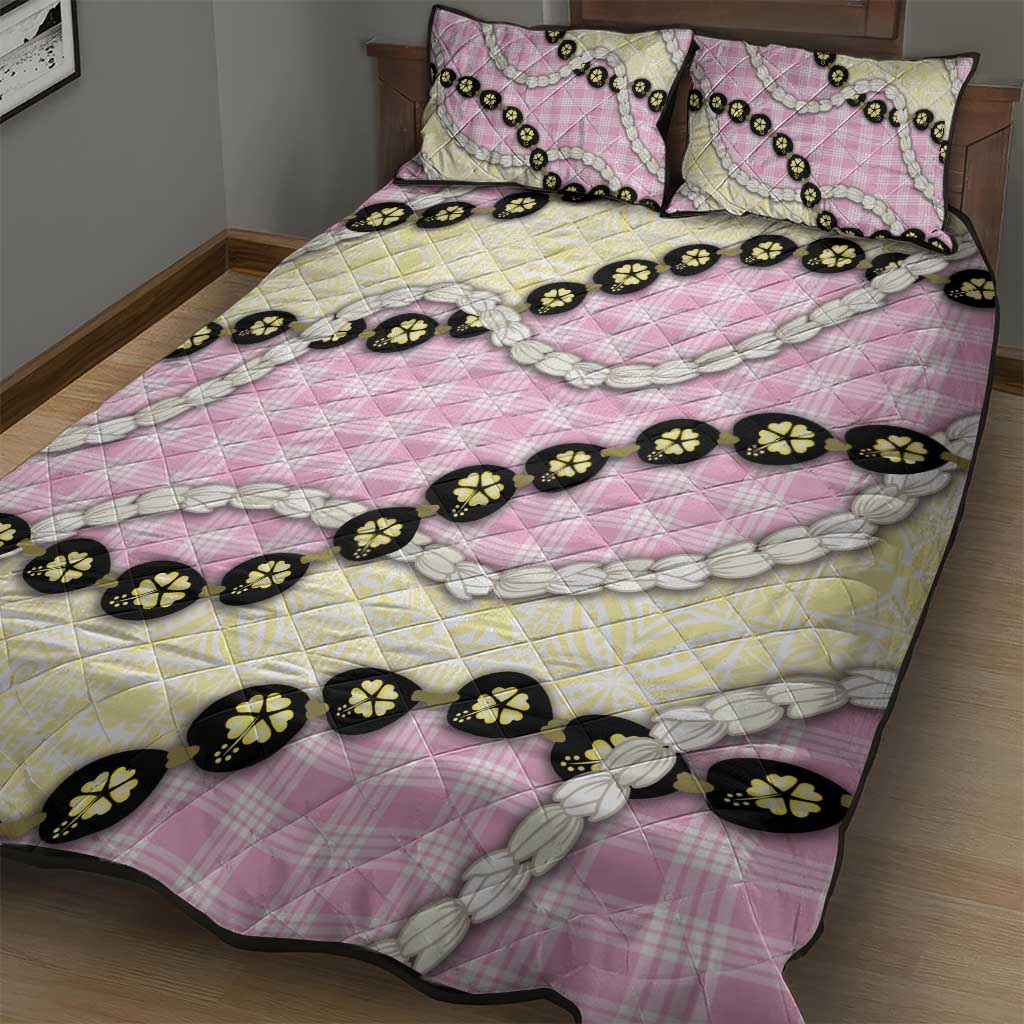 Pink Palaka Hawaii Quilt Bed Set Kukui Nut Pikake Lei Hawaiian Tapa Pattern - Polynesian Pride