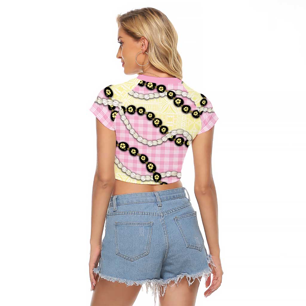 Pink Palaka Hawaii Raglan Cropped T Shirt Kukui Nut Pikake Lei Hawaiian Tapa Pattern - Polynesian Pride