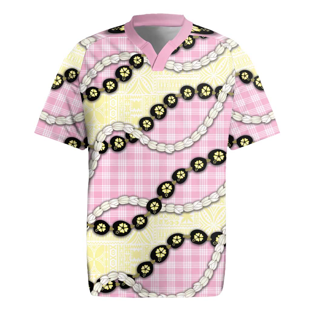 Pink Palaka Hawaii Rugby Jersey Kukui Nut Pikake Lei Hawaiian Tapa Pattern - Polynesian Pride