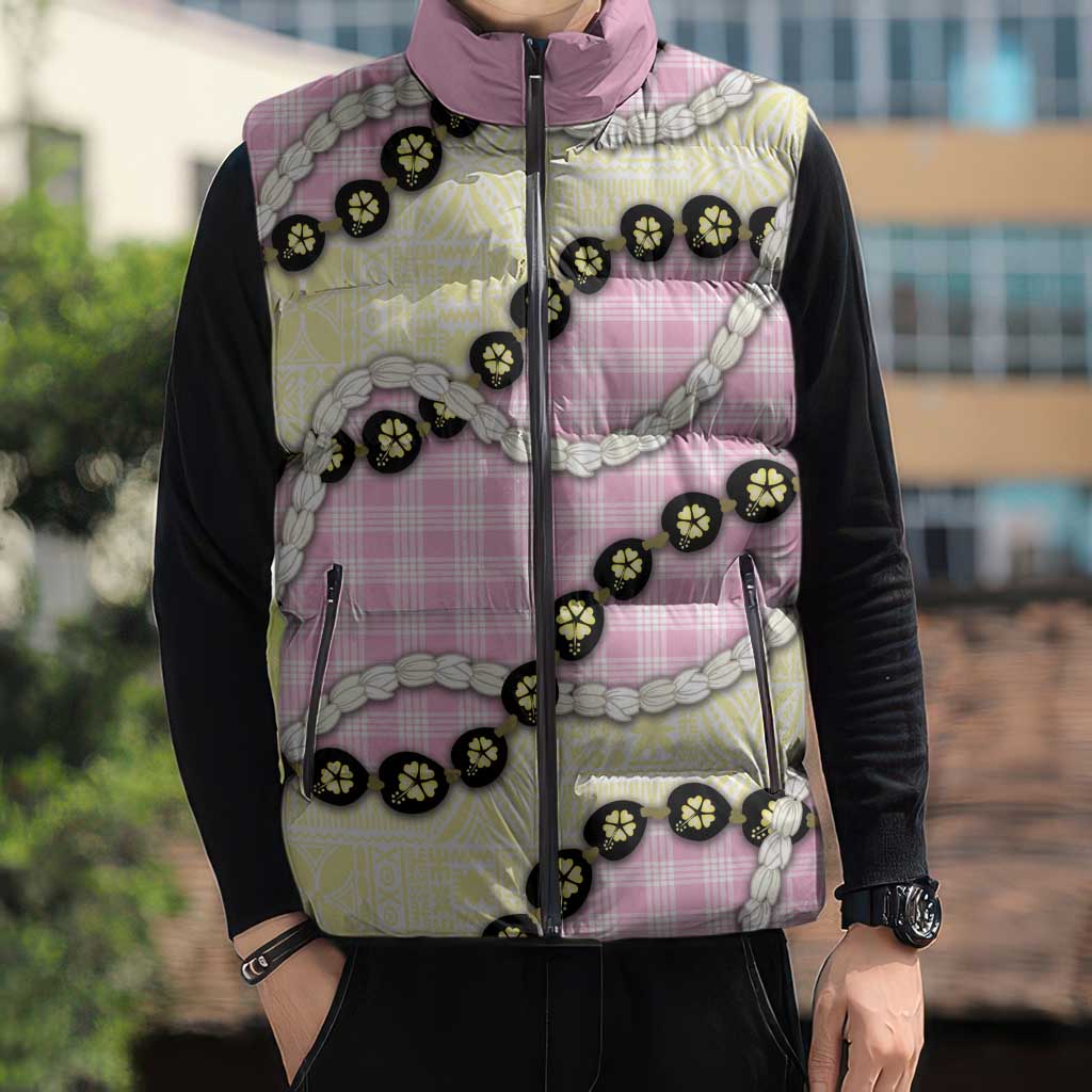 Pink Palaka Hawaii Sleeveless Puffer Jacket Kukui Nut Pikake Lei Hawaiian Tapa Pattern - Polynesian Pride