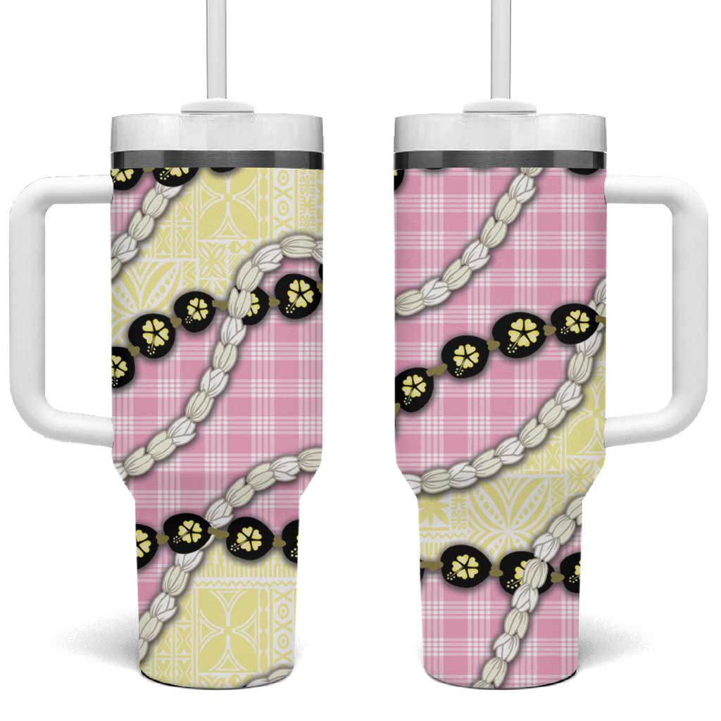 Pink Palaka Hawaii Tumbler With Handle Kukui Nut Pikake Lei Hawaiian Tapa Pattern - Polynesian Pride