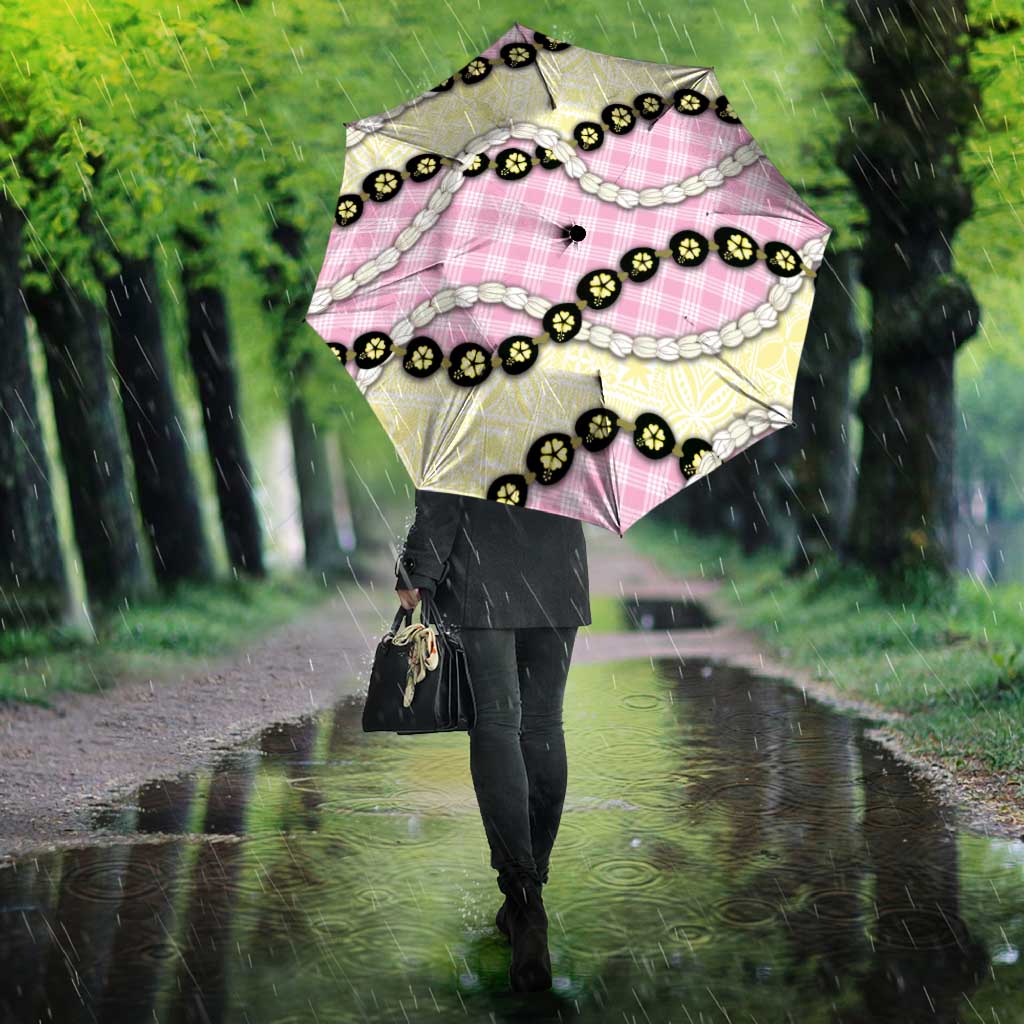 Pink Palaka Hawaii Umbrella Kukui Nut Pikake Lei Hawaiian Tapa Pattern - Polynesian Pride