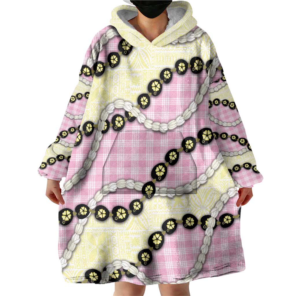 Pink Palaka Hawaii Wearable Blanket Hoodie Kukui Nut Pikake Lei Hawaiian Tapa Pattern - Polynesian Pride