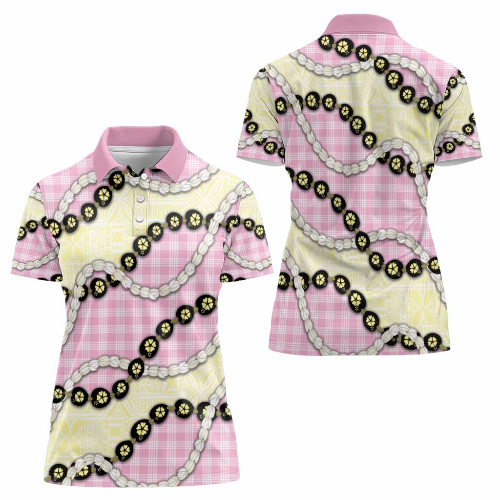 Pink Palaka Hawaii Women Polo Shirt Kukui Nut Pikake Lei Hawaiian Tapa Pattern - Polynesian Pride