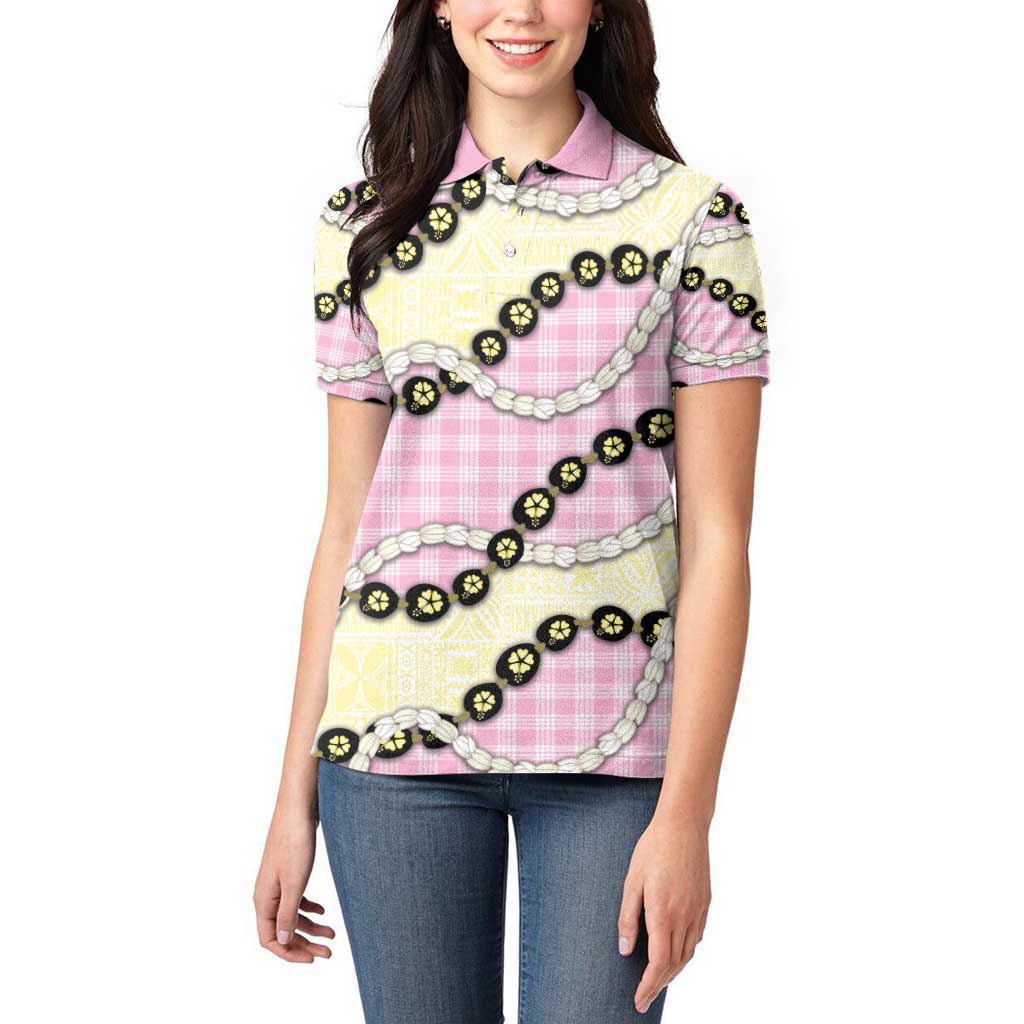 Pink Palaka Hawaii Women Polo Shirt Kukui Nut Pikake Lei Hawaiian Tapa Pattern - Polynesian Pride