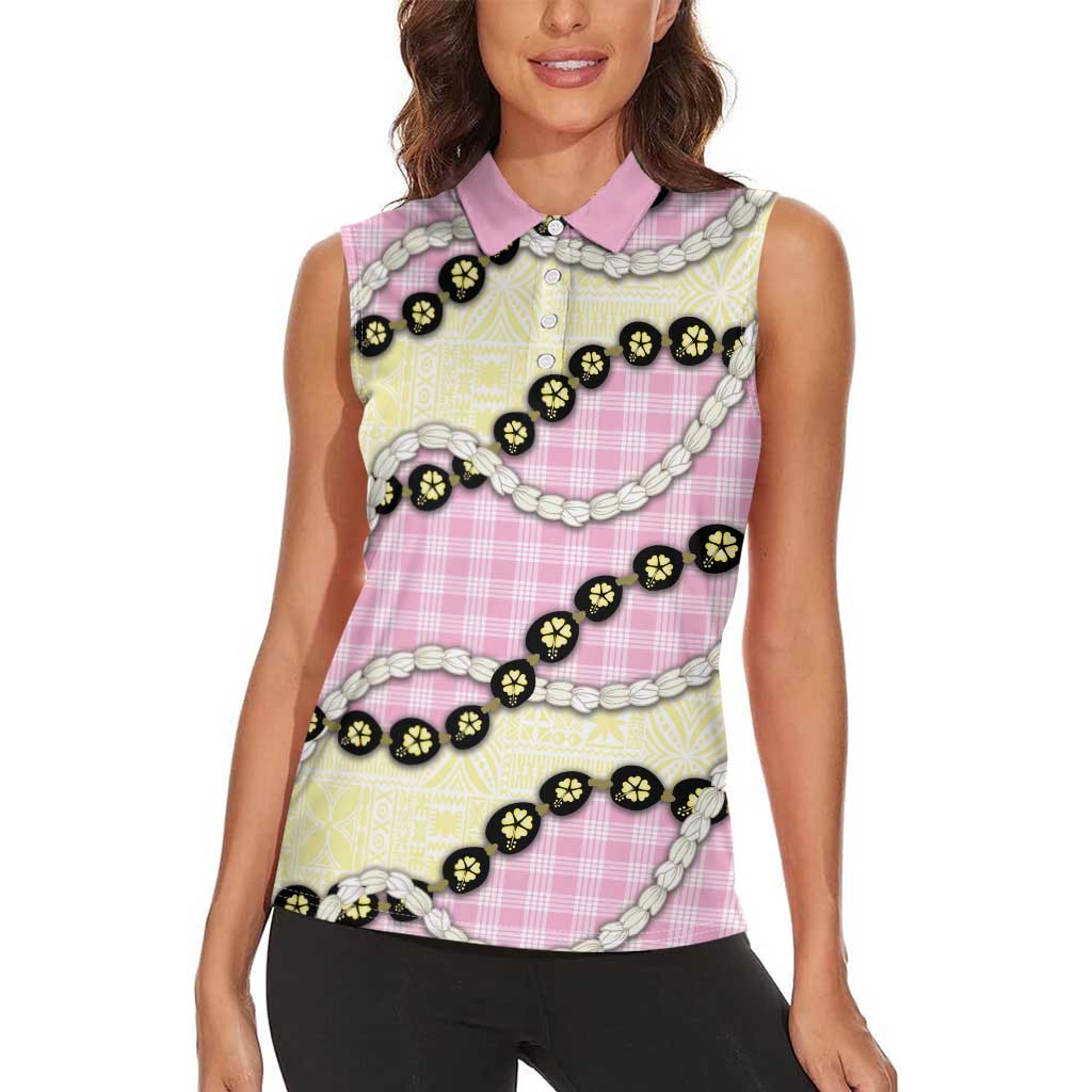Pink Palaka Hawaii Women Sleeveless Polo Shirt Kukui Nut Pikake Lei Hawaiian Tapa Pattern - Polynesian Pride