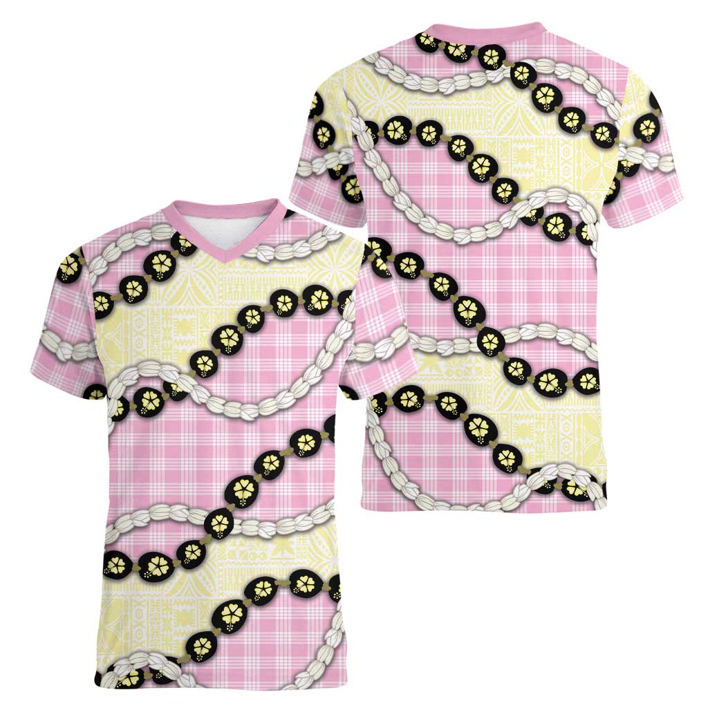 Pink Palaka Hawaii Women V-Neck T-Shirt Kukui Nut Pikake Lei Hawaiian Tapa Pattern - Polynesian Pride