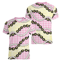 Pink Palaka Hawaii Women V-Neck T-Shirt Kukui Nut Pikake Lei Hawaiian Tapa Pattern - Polynesian Pride