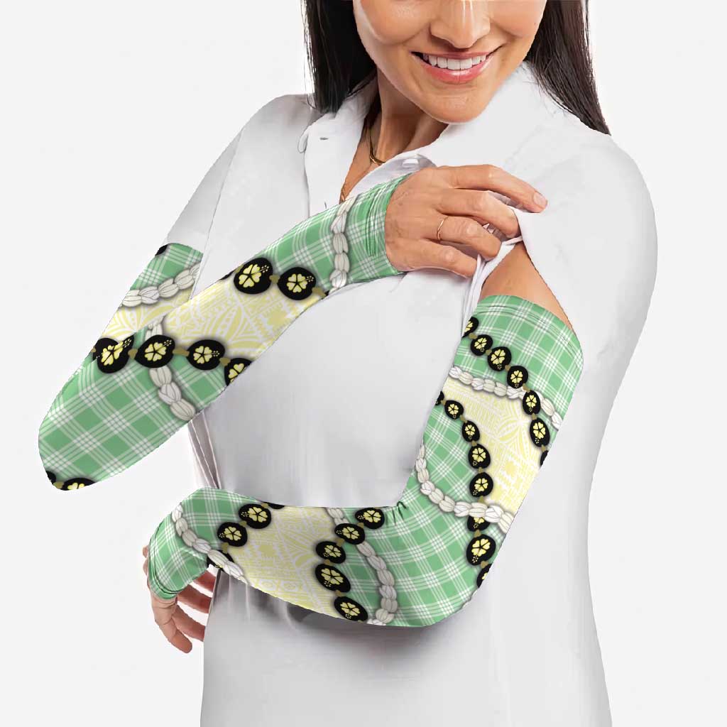 Green Palaka Hawaii Arm Sleeves Kukui Nut Pikake Lei Hawaiian Tapa Pattern - Polynesian Pride