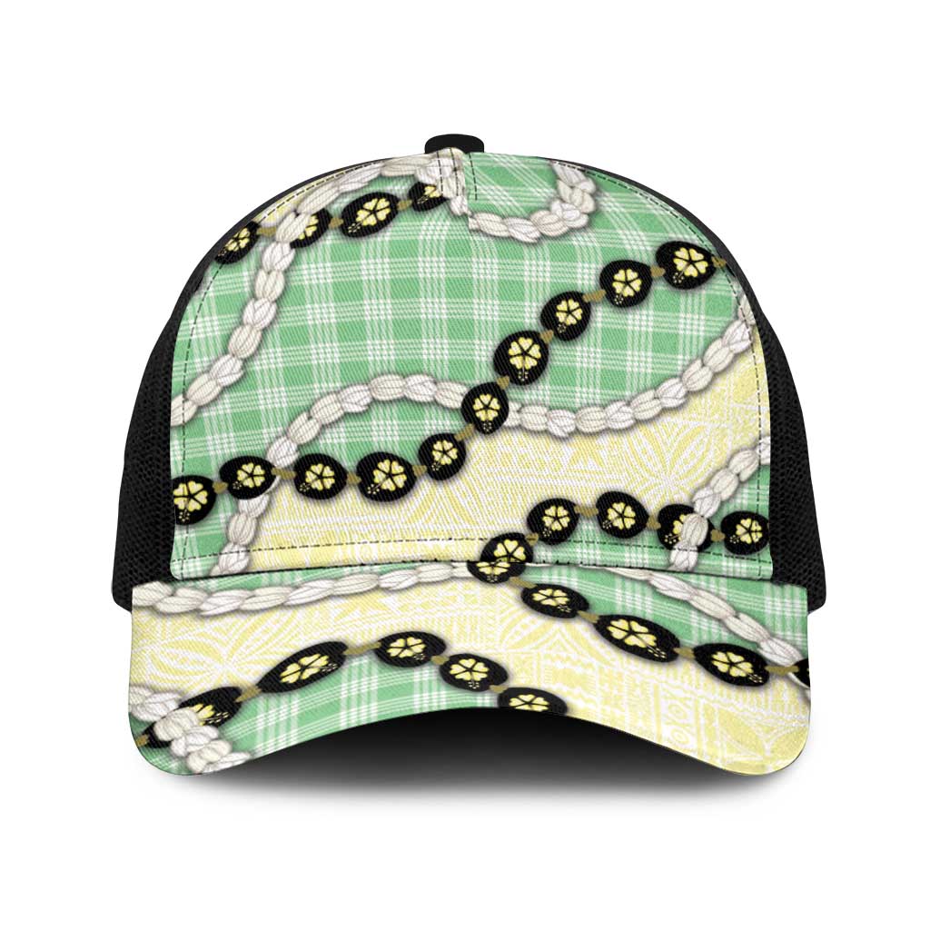 Green Palaka Hawaii Baseball Net Cap Kukui Nut Pikake Lei Hawaiian Tapa Pattern - Polynesian Pride