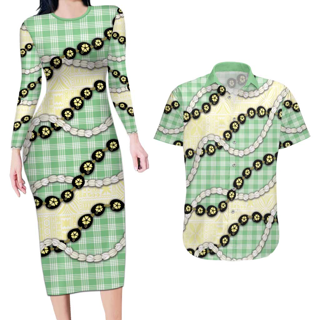 Green Palaka Hawaii Couples Matching Long Sleeve Bodycon Dress and Hawaiian Shirt Kukui Nut Pikake Lei Hawaiian Tapa Pattern - Polynesian Pride