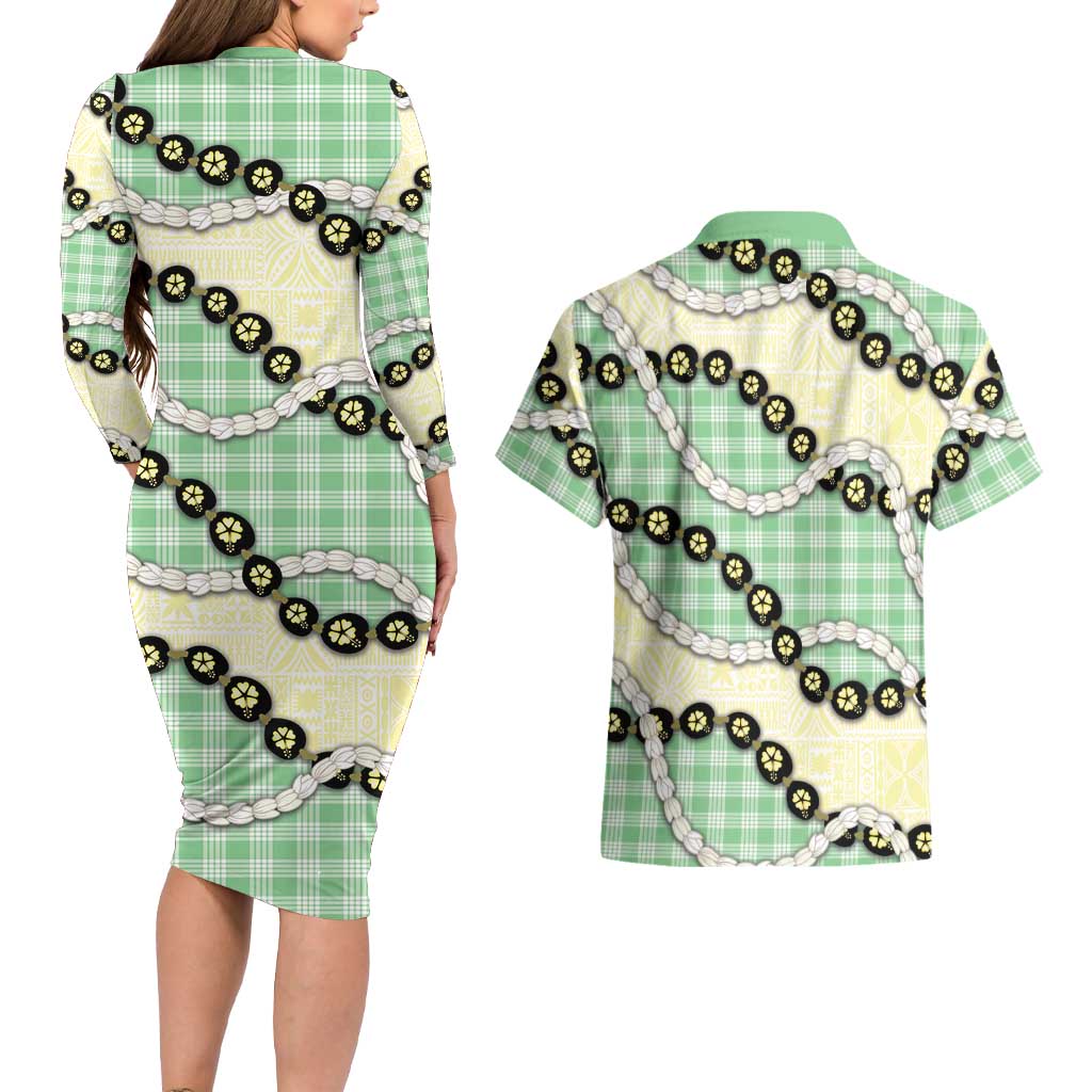 Green Palaka Hawaii Couples Matching Long Sleeve Bodycon Dress and Hawaiian Shirt Kukui Nut Pikake Lei Hawaiian Tapa Pattern LT14 - Polynesian Pride