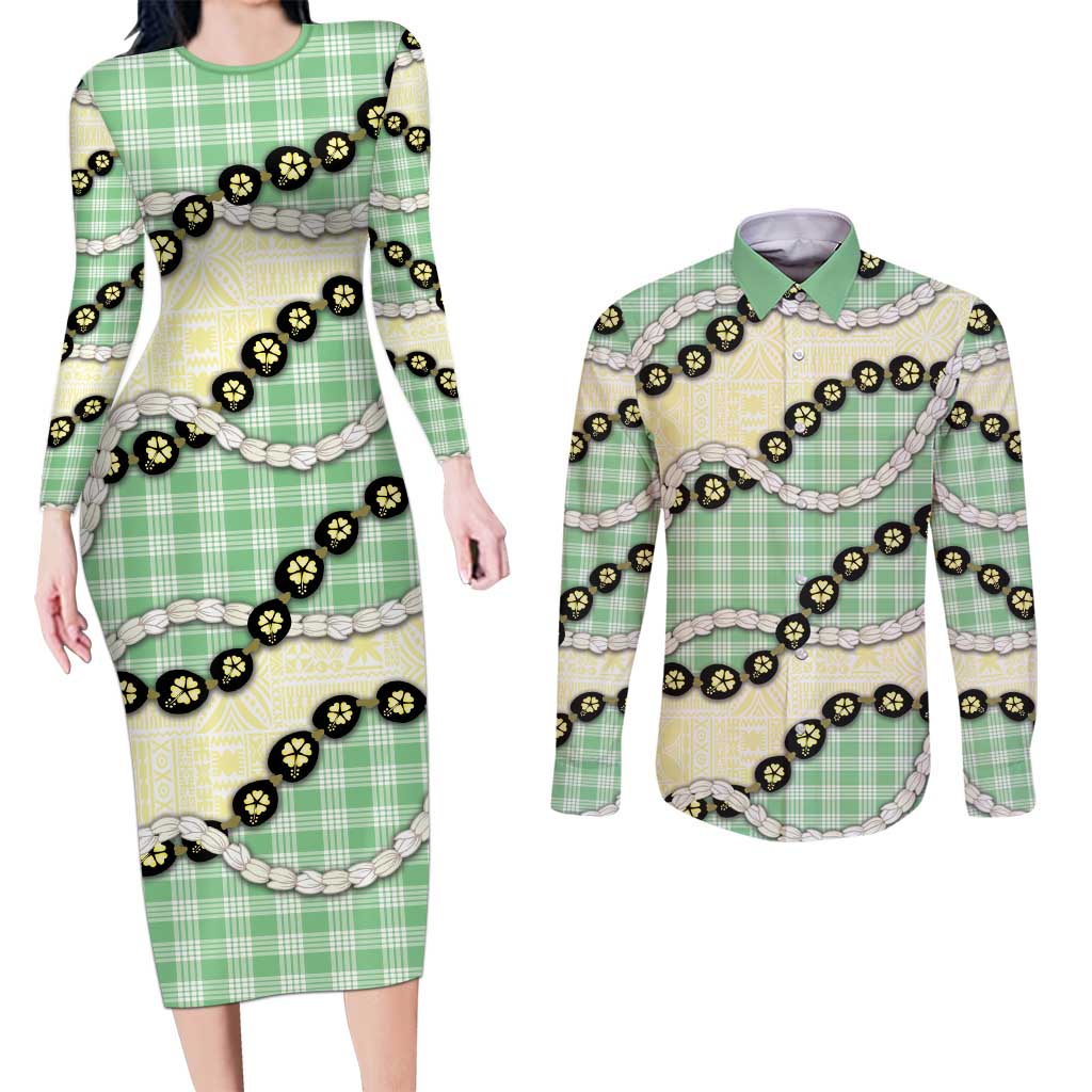 Green Palaka Hawaii Couples Matching Long Sleeve Bodycon Dress and Long Sleeve Button Shirt Kukui Nut Pikake Lei Hawaiian Tapa Pattern LT14 Green - Polynesian Pride
