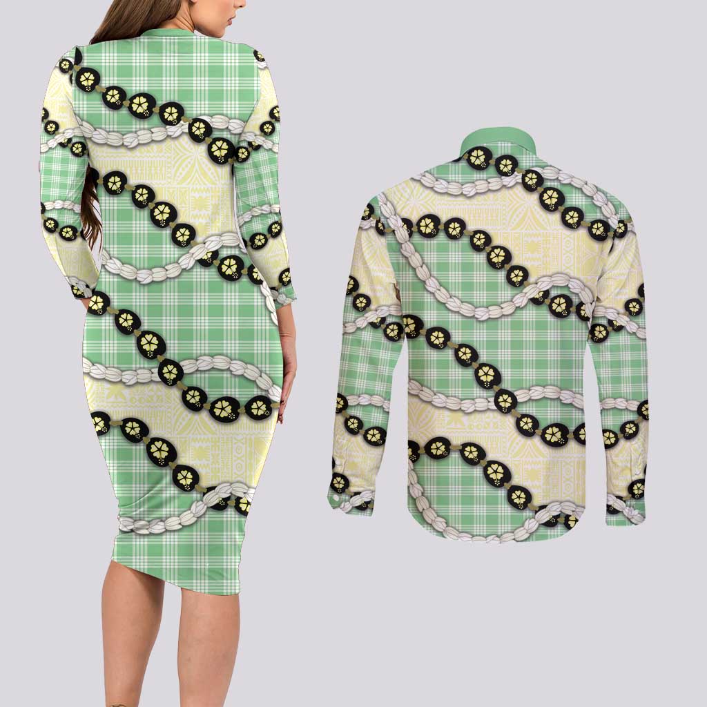 Green Palaka Hawaii Couples Matching Long Sleeve Bodycon Dress and Long Sleeve Button Shirt Kukui Nut Pikake Lei Hawaiian Tapa Pattern LT14 - Polynesian Pride