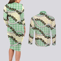Green Palaka Hawaii Couples Matching Long Sleeve Bodycon Dress and Long Sleeve Button Shirt Kukui Nut Pikake Lei Hawaiian Tapa Pattern LT14 - Polynesian Pride