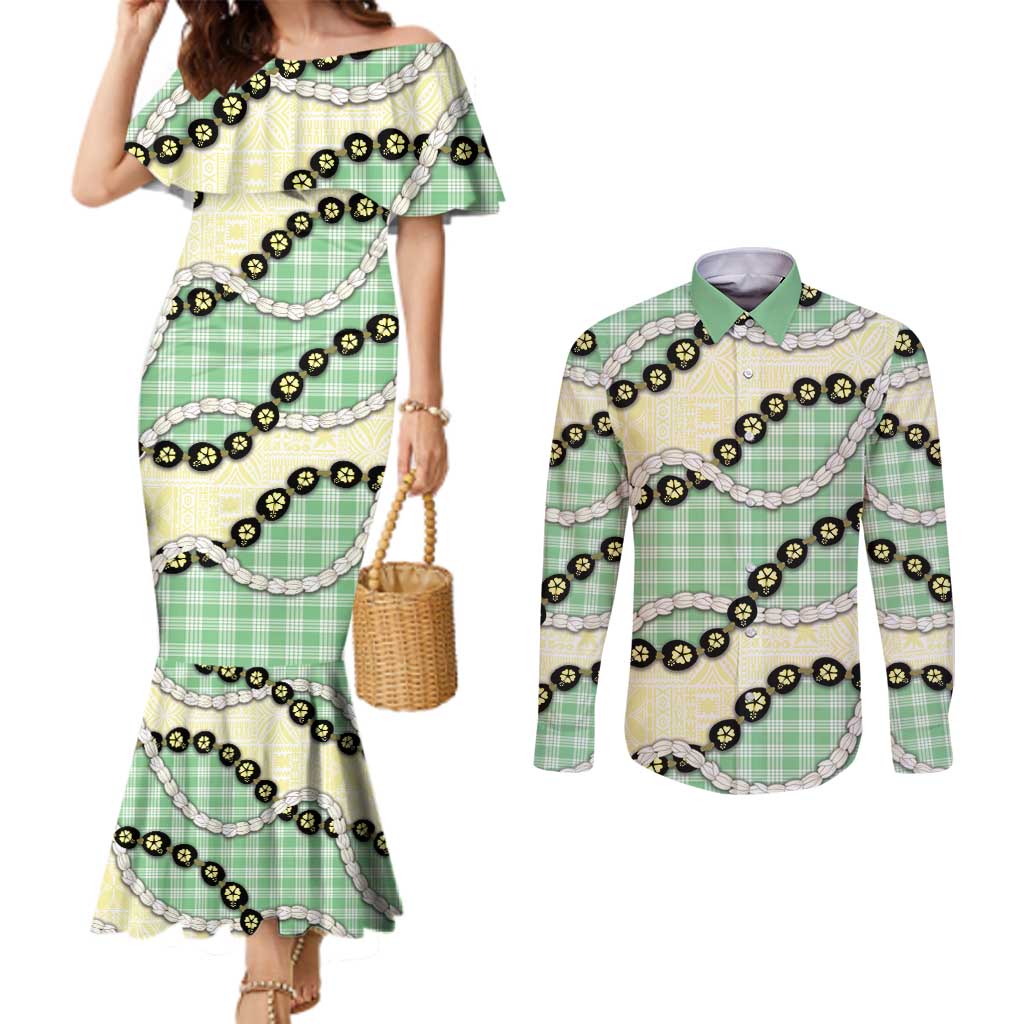 Green Palaka Hawaii Couples Matching Mermaid Dress and Long Sleeve Button Shirt Kukui Nut Pikake Lei Hawaiian Tapa Pattern LT14 Green - Polynesian Pride