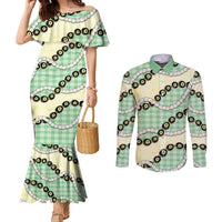 Green Palaka Hawaii Couples Matching Mermaid Dress and Long Sleeve Button Shirt Kukui Nut Pikake Lei Hawaiian Tapa Pattern LT14 Green - Polynesian Pride
