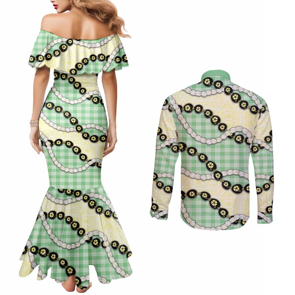 Green Palaka Hawaii Couples Matching Mermaid Dress and Long Sleeve Button Shirt Kukui Nut Pikake Lei Hawaiian Tapa Pattern LT14 - Polynesian Pride