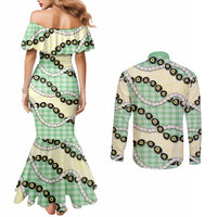 Green Palaka Hawaii Couples Matching Mermaid Dress and Long Sleeve Button Shirt Kukui Nut Pikake Lei Hawaiian Tapa Pattern LT14 - Polynesian Pride